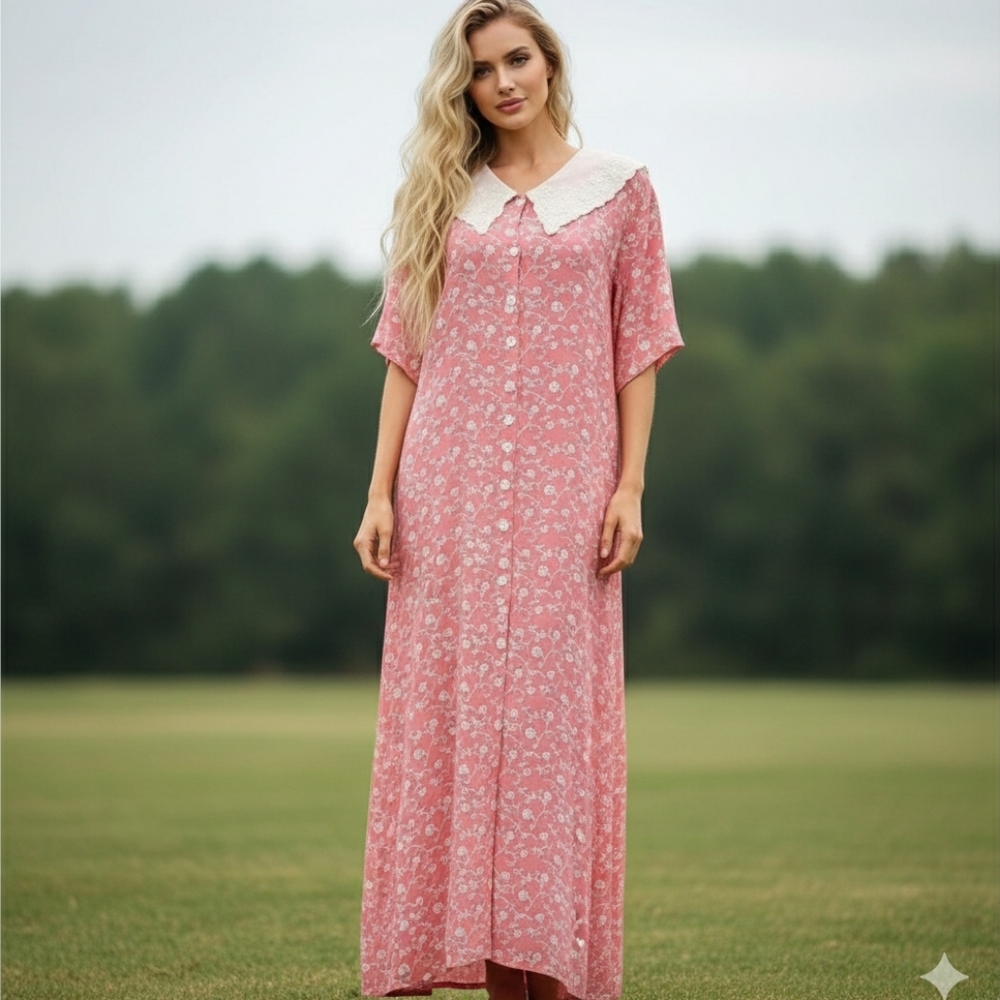 Vintage 80s/ 90s Pink Floral Midi Dress Lace Beaded Collar Beetlejuice
